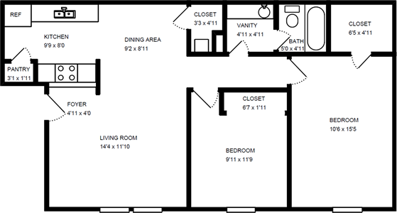 Two Bedroom / One Bath - 821 Sq.Ft.*
